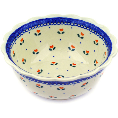 Polish Pottery Scalloped Bowl 7&quot; Heart Tulips