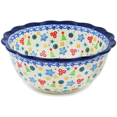 Polish Pottery Scalloped Bowl 7&quot; Joyful Cheer UNIKAT