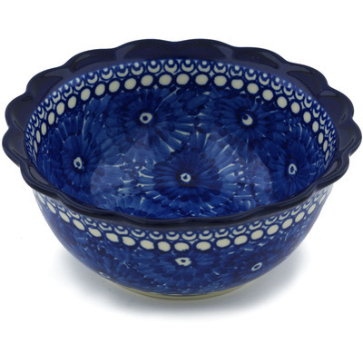 Polish Pottery Scalloped Bowl 7&quot; Moody Blue Daisy UNIKAT