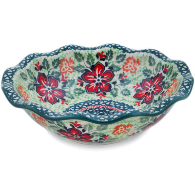 Polish Pottery Scalloped Bowl 7&quot; Painting In The Garden UNIKAT
