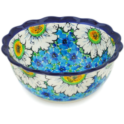 Polish Pottery Scalloped Bowl 7&quot; Pansies And Daisies UNIKAT