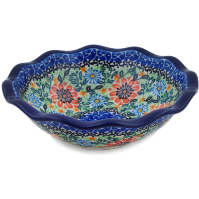 Polish Pottery Scalloped Bowl 7&quot; Peach Daisies UNIKAT