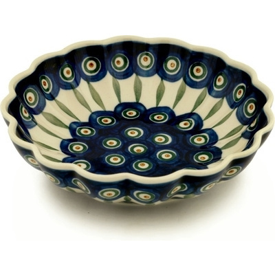 Polish Pottery Scalloped Bowl 7&quot; Peacock Leaves