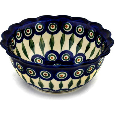 Polish Pottery Scalloped Bowl 7&quot; Peacock Leaves