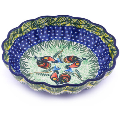 Polish Pottery Scalloped Bowl 7&quot; Rooster Parade UNIKAT