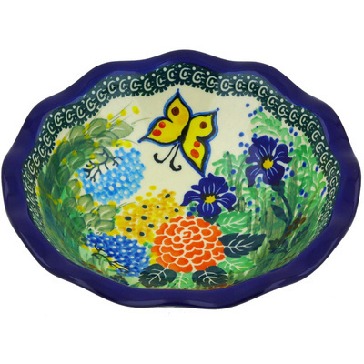 Polish Pottery Scalloped Bowl 7&quot; Spring Garden UNIKAT