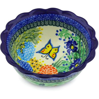 Polish Pottery Scalloped Bowl 7&quot; Spring Garden UNIKAT