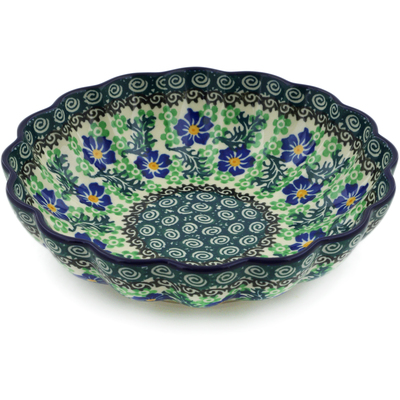 Polish Pottery Scalloped Bowl 7&quot; Swirling Emeralds