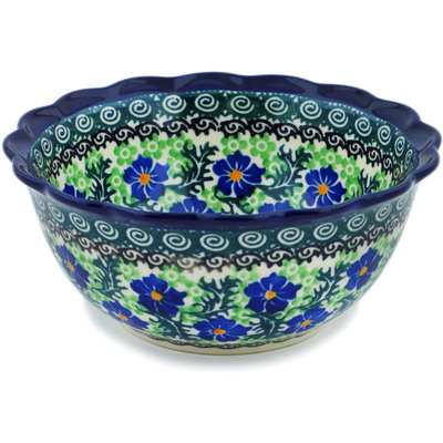 Polish Pottery Scalloped Bowl 7&quot; Swirling Emeralds