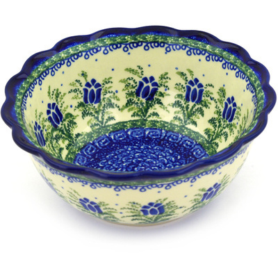 Polish Pottery Scalloped Bowl 7&quot; Tulip Motif UNIKAT