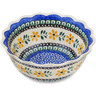 Polish Pottery Scalloped Bowl 7&quot; Yellow Daisy Swirls