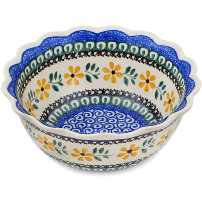 Polish Pottery Scalloped Bowl 7&quot; Yellow Daisy Swirls