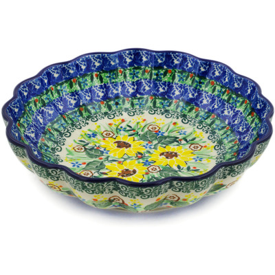 Polish Pottery Scalloped Bowl 7&quot; Yellow Garden UNIKAT