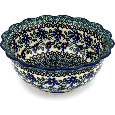 Polish Pottery Scalloped Bowl 8&quot; Blue Chicory