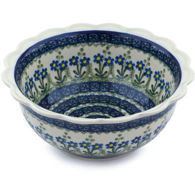 Polish Pottery Scalloped Bowl 8&quot; Blue Daisy Circle