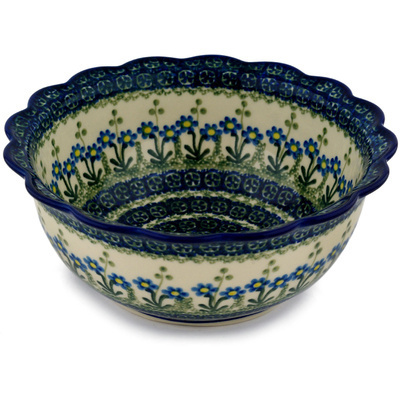 Polish Pottery Scalloped Bowl 8&quot; Blue Daisy Circle