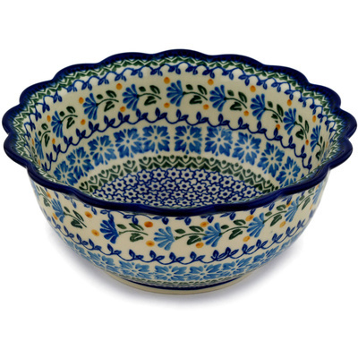 Polish Pottery Scalloped Bowl 8&quot; Blue Fan Flowers