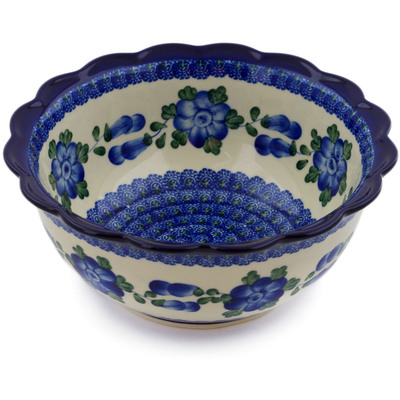 Polish Pottery Scalloped Bowl 8&quot; Blue Poppies