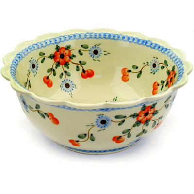 Polish Pottery Scalloped Bowl 8&quot; Cherry Blossoms
