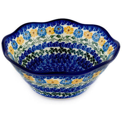 Polish Pottery Scalloped Bowl 8&quot; Daffodils &amp; Daisies