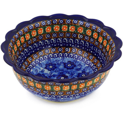 Polish Pottery Scalloped Bowl 8&quot; Dancing Blue Poppies UNIKAT