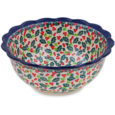 Polish Pottery Scalloped Bowl 8&quot; Festive Berries UNIKAT