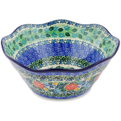 Polish Pottery Scalloped Bowl 8&quot; Hummingbird Meadow UNIKAT