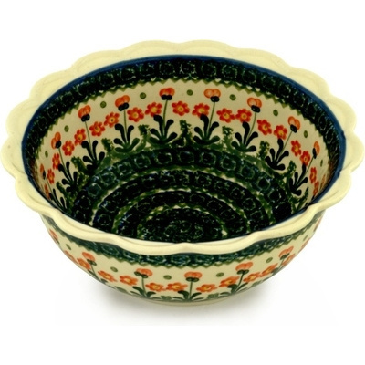 Polish Pottery Scalloped Bowl 8&quot; Peach Spring Daisy