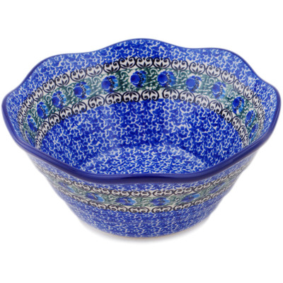 Polish Pottery Scalloped Bowl 8&quot; Peacock Feather