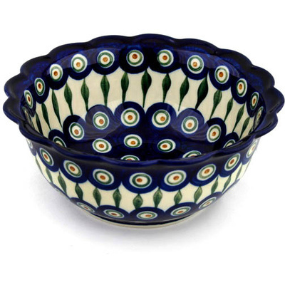 Polish Pottery Scalloped Bowl 8&quot; Peacock Leaves