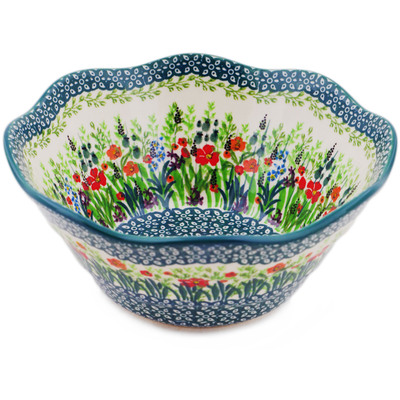 Polish Pottery Scalloped Bowl 8&quot; Red Garden UNIKAT
