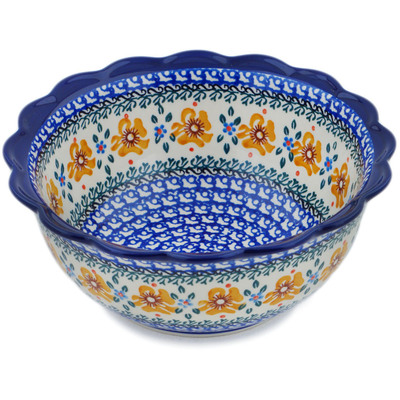 Polish Pottery Scalloped Bowl 8&quot; Sea Fall Yellow Flowers