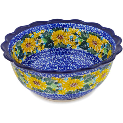 Polish Pottery Scalloped Bowl 8&quot; Sunflower Surprise UNIKAT