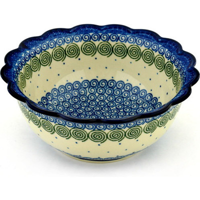 Polish Pottery Scalloped Bowl 8&quot; Swirling Polka Dot