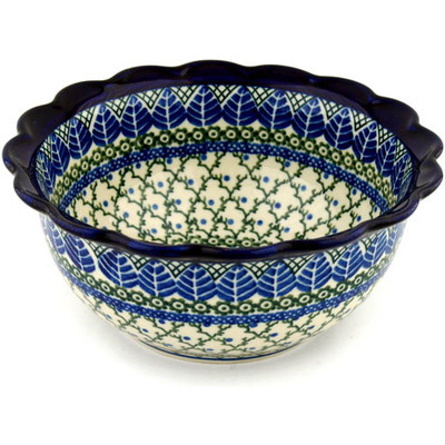 Polish Pottery Scalloped Bowl 9&quot; Blue Alpine