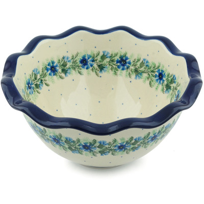 Polish Pottery Scalloped Bowl 9&quot; Blue Bell Wreath