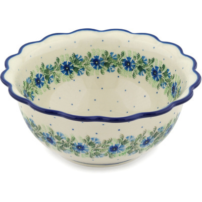 Polish Pottery Scalloped Bowl 9&quot; Blue Bell Wreath