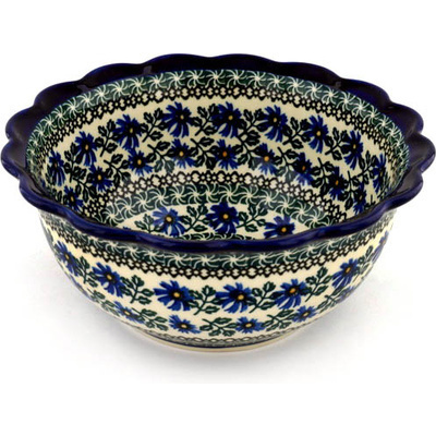Polish Pottery Scalloped Bowl 9&quot; Blue Chicory