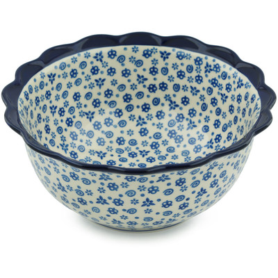 Polish Pottery Scalloped Bowl 9&quot; Blue Confetti