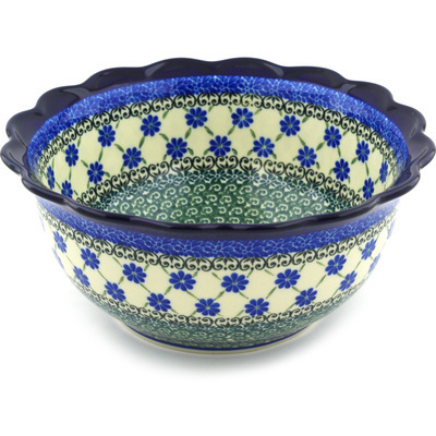 Polish Pottery Scalloped Bowl 9&quot; Blue Daisies