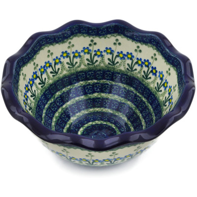 Polish Pottery Scalloped Bowl 9&quot; Blue Daisy Circle