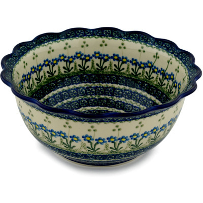 Polish Pottery Scalloped Bowl 9&quot; Blue Daisy Circle
