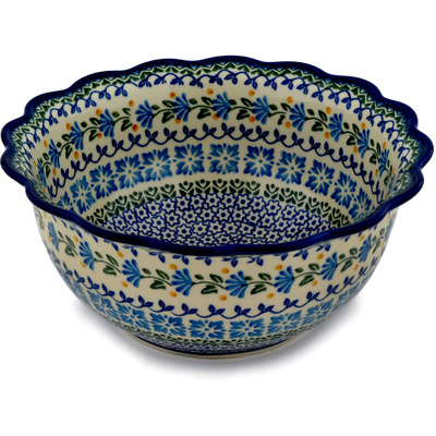 Polish Pottery Scalloped Bowl 9&quot; Blue Fan Flowers