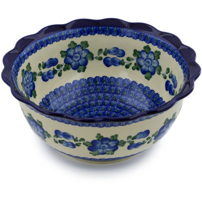 Polish Pottery Scalloped Bowl 9&quot; Blue Poppies