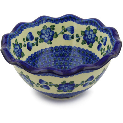 Polish Pottery Scalloped Bowl 9&quot; Blue Poppies