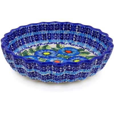 Polish Pottery Scalloped Bowl 9&quot; Bold Blue Poppies UNIKAT