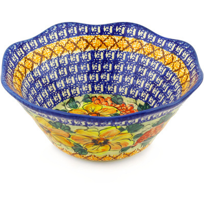Polish Pottery Scalloped Bowl 9&quot; Colorful Bouquet UNIKAT