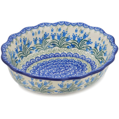 Polish Pottery Scalloped Bowl 9&quot; Feathery Bluebells