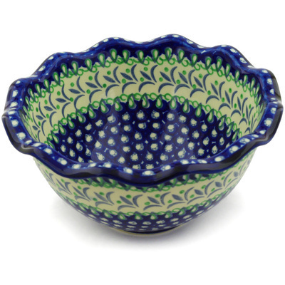 Polish Pottery Scalloped Bowl 9&quot; Fleur De Lis