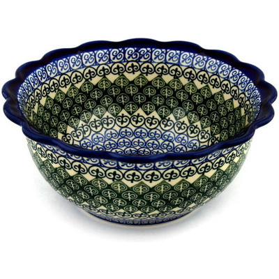 Polish Pottery Scalloped Bowl 9&quot; Fleur De Lis